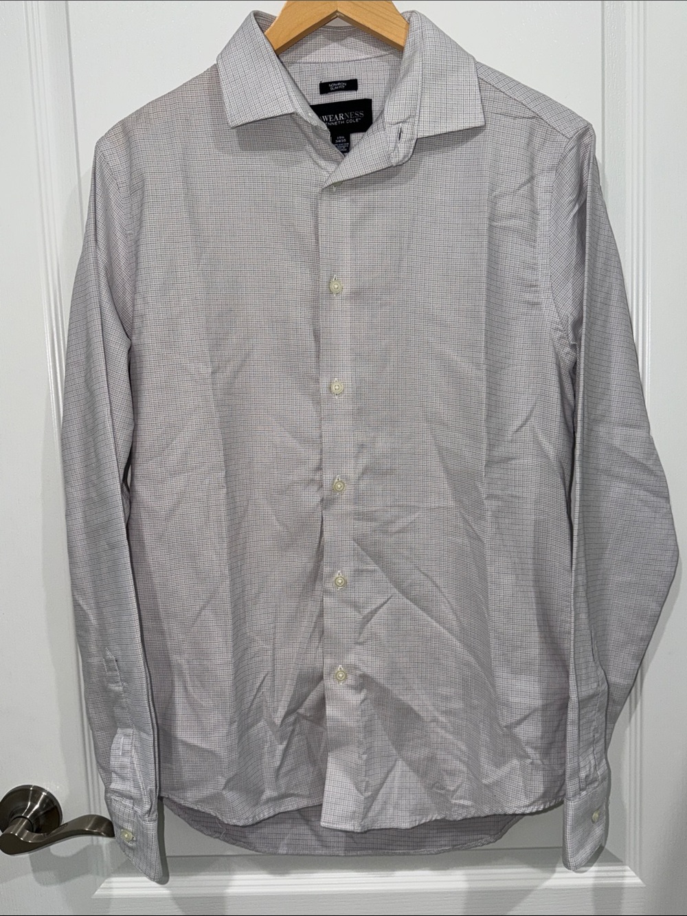Awareness Kenneth Cole Light Gray Micro-Check Dress Shirt non iron slim fit 15.5